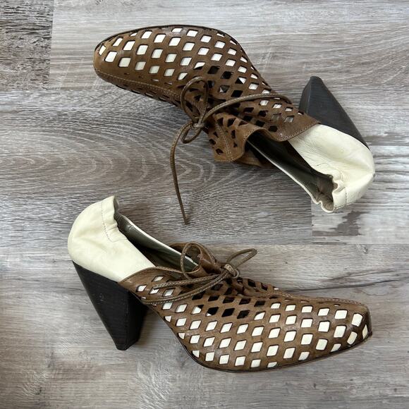 Ixos Italy Leather Heels Brown Cream Cutout Cone Heel Avant Garde 36.5 - Picture 3 of 9